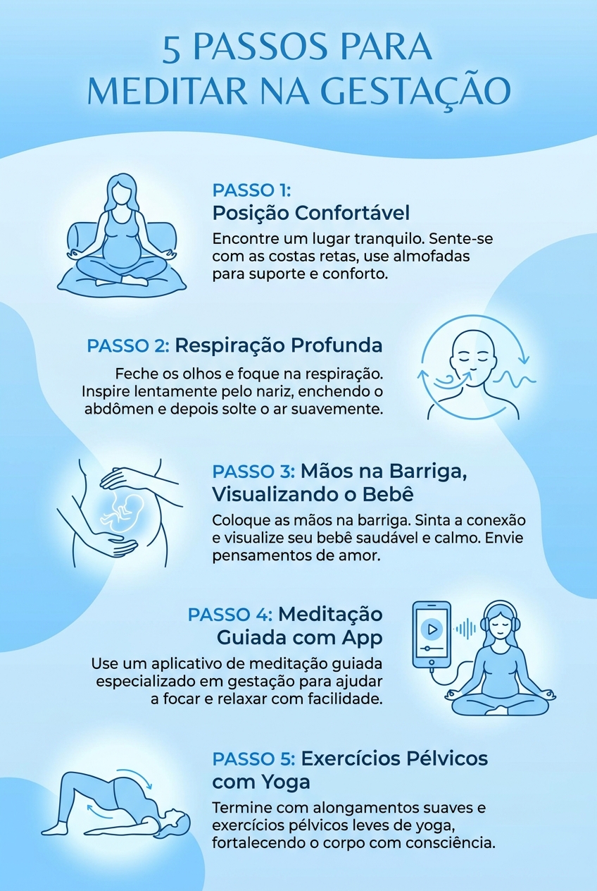 Infográfico com 5 passos para meditar na gestação: posição confortável, respiração profunda, mãos na barriga, meditação guiada e exercícios pélvicos