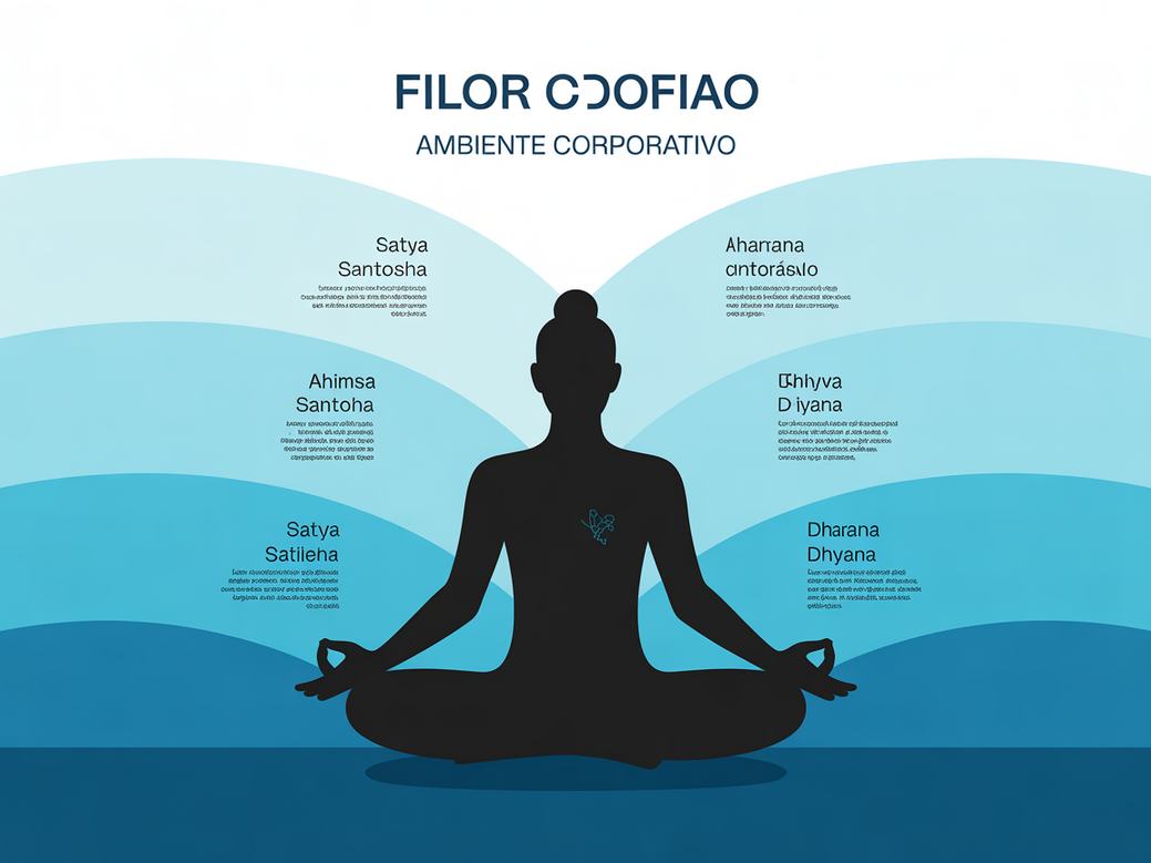 Infográfico detalhando os 5 pilares da filosofia do yoga aplicados ao trabalho: Ahimsa, Satya, Santosha, Dharana e Dhyana.