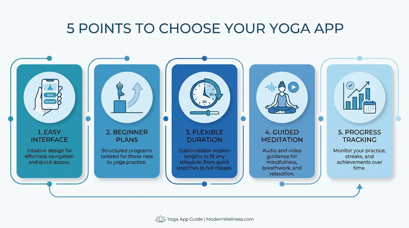 Infográfico com 5 pontos essenciais para escolher um app de yoga