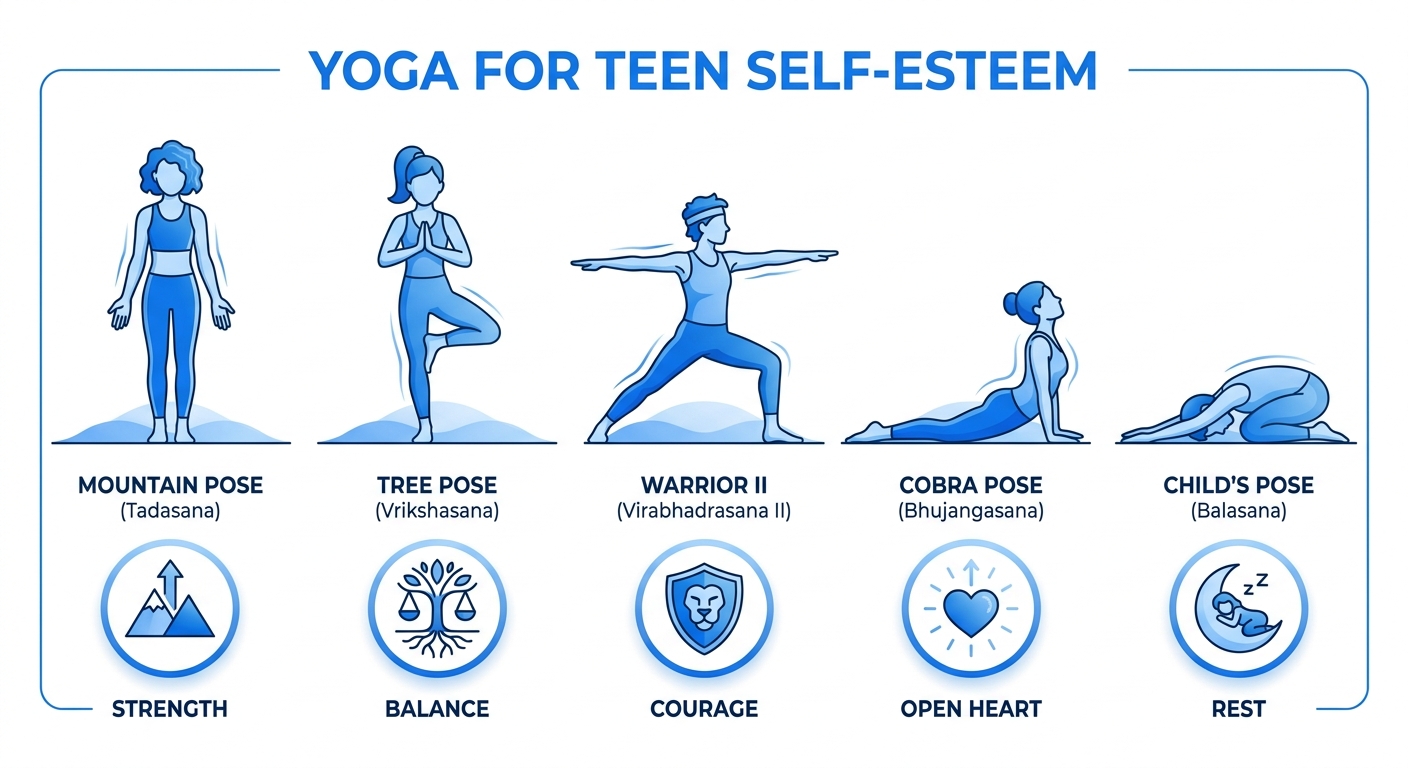 Infográfico com as 5 posturas de yoga para autoestima adolescente
