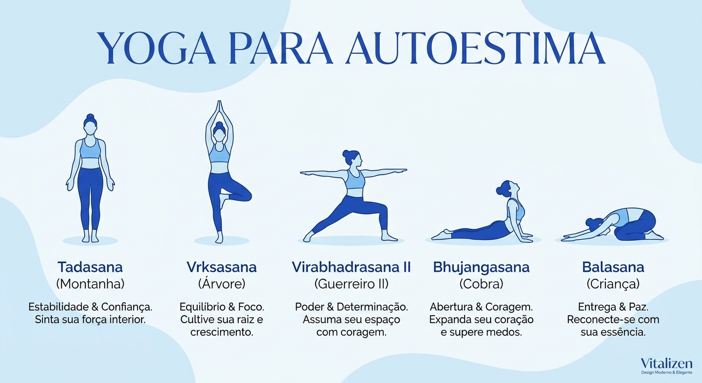 Infográfico com 5 posturas de yoga para autoestima: Tadasana, Vrksasana, Guerreiro II, Cobra e Balasana