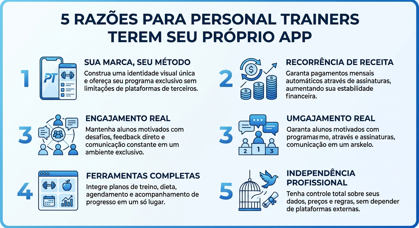 Infográfico com 5 razões para personal trainer criar seu próprio aplicativo de treinos personalizados