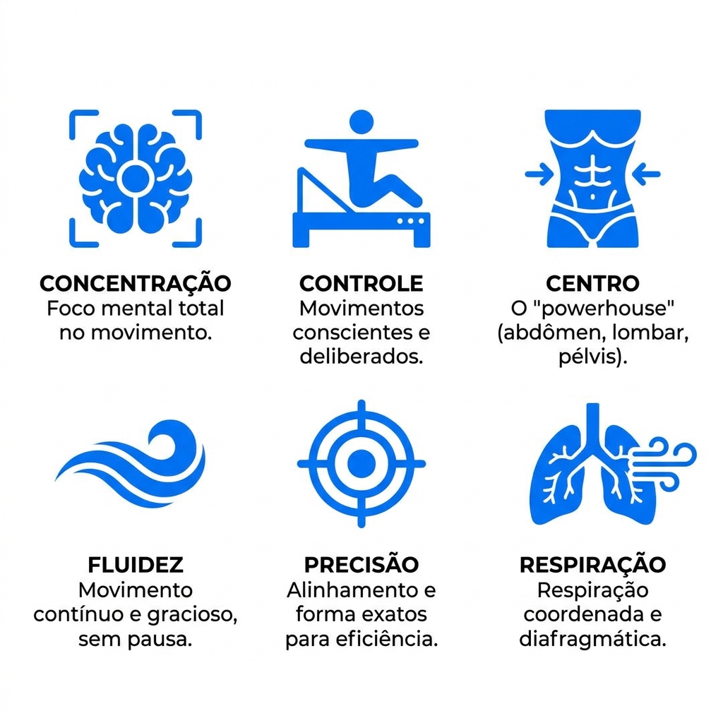 Infográfico com os 6 princípios fundamentais do Pilates: concentração, controle, centro, fluidez, precisão e respiração