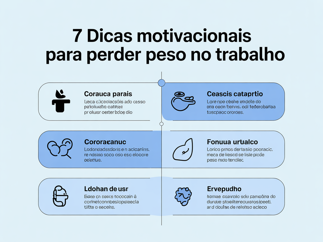 Infográfico resumindo as 7 dicas motivacionais para perda de peso no ambiente corporativo, incluindo gamificação e metas SMART.