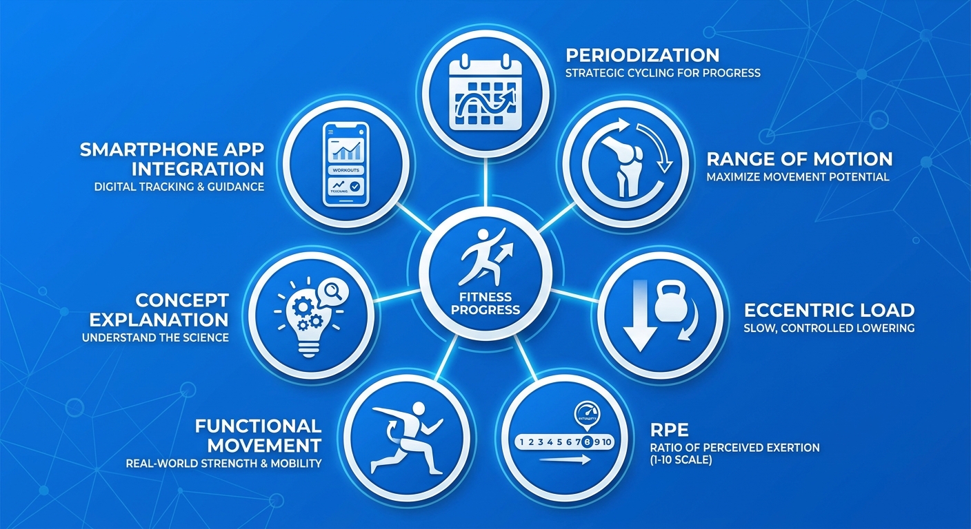 Infográfico com os 7 termos técnicos de educação física que todo personal trainer precisa dominar: periodização, amplitude de movimento, carga excêntrica, RPE, treino funcional, comunicação e ferramentas digitais