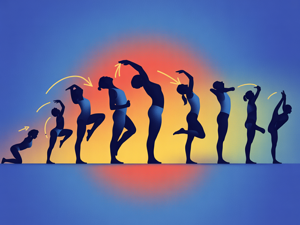 Infográfico com uma sequência de exercícios de alongamento para emagrecimento, mostrando a progressão dos movimentos.