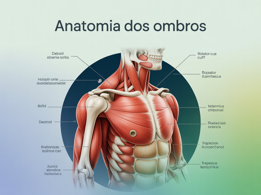 Infográfico detalhado da anatomia dos ombros, mostrando as três porções do deltoide: anterior, lateral e posterior.