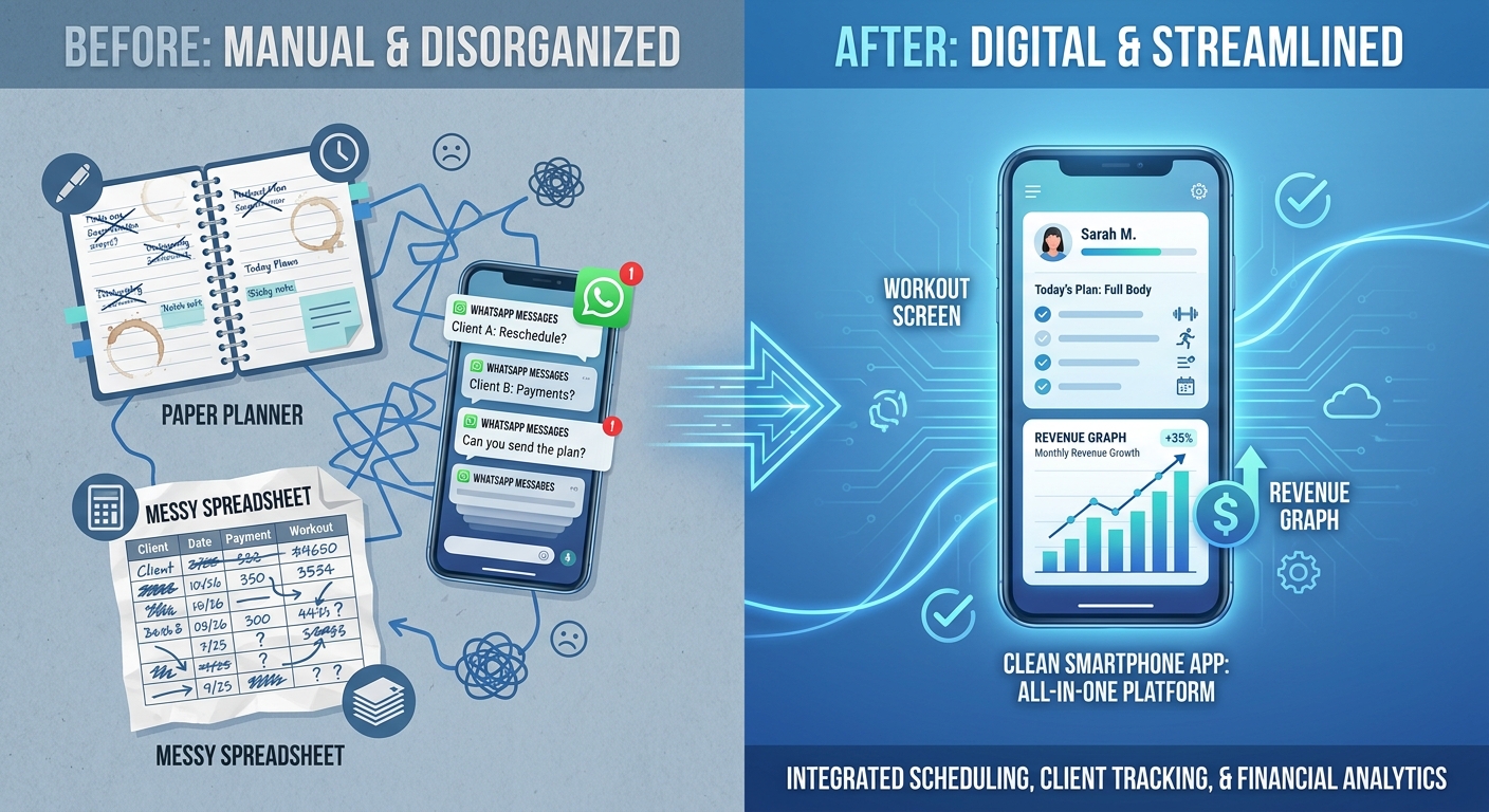 Infográfico Antes vs Depois de ter um app para personal trainer: antes com planilha, WhatsApp e papel; depois com aplicativo, engajamento e receita recorrente