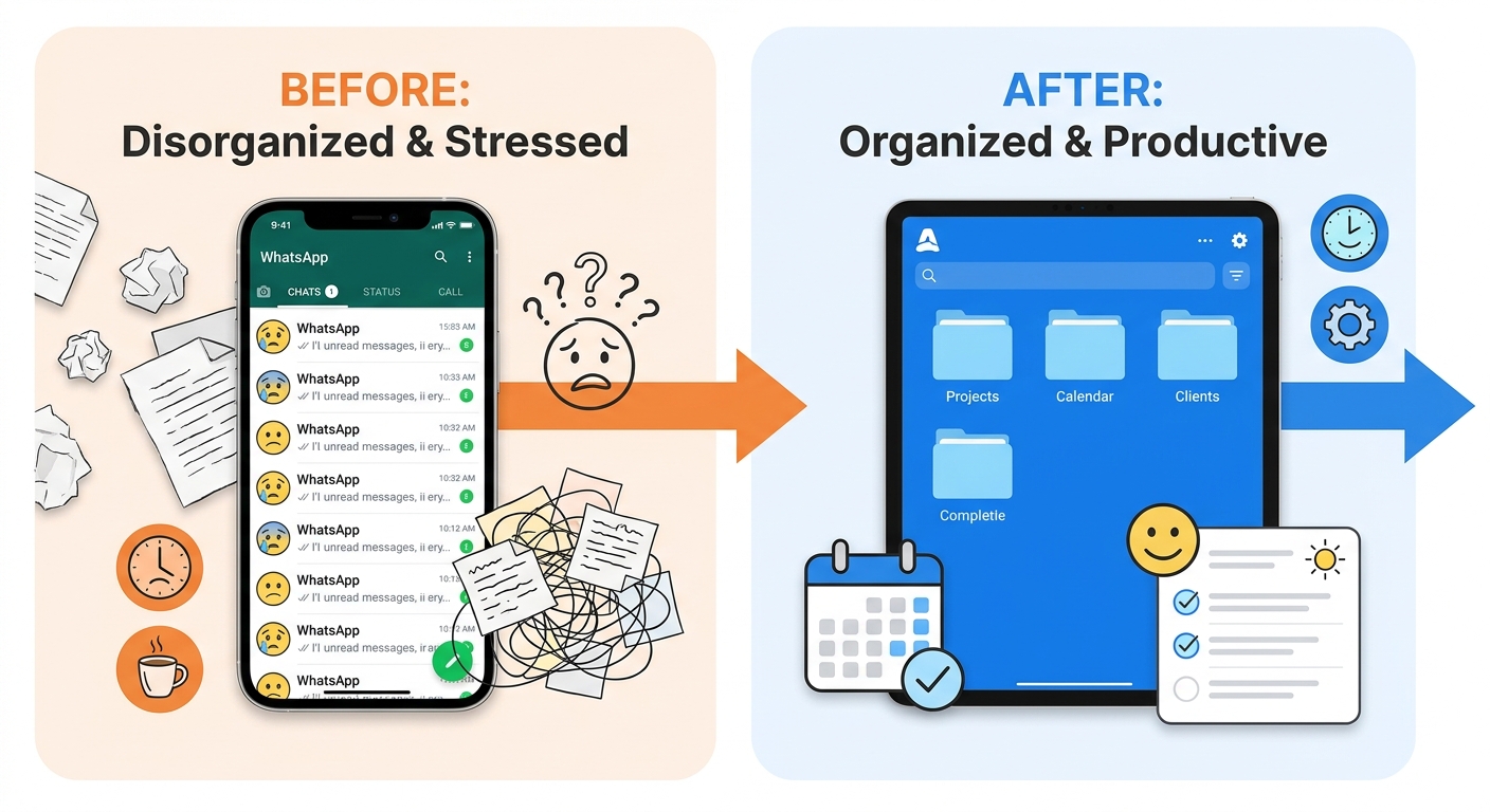Infográfico comparando antes: WhatsApp bagunçado, estresse e depois: app organizado, agenda, sorriso