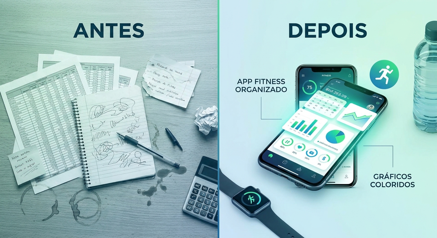 Infográfico Antes vs Depois: planilha de papel versus app organizado para personal trainer