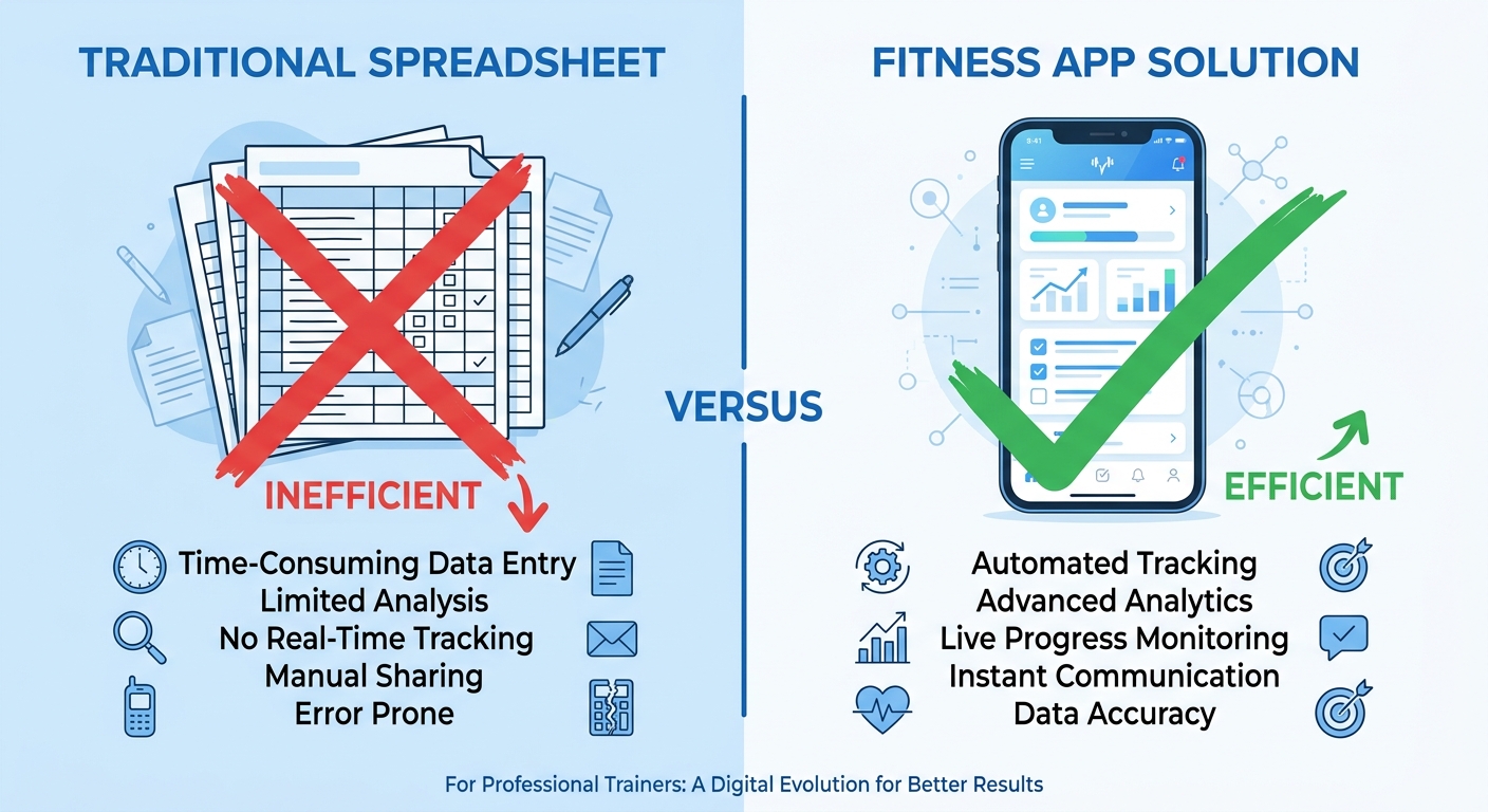 App vs Planilha: infográfico comparativo Infográfico comparativo entre planilha de treinos tradicional e app para personal trainer