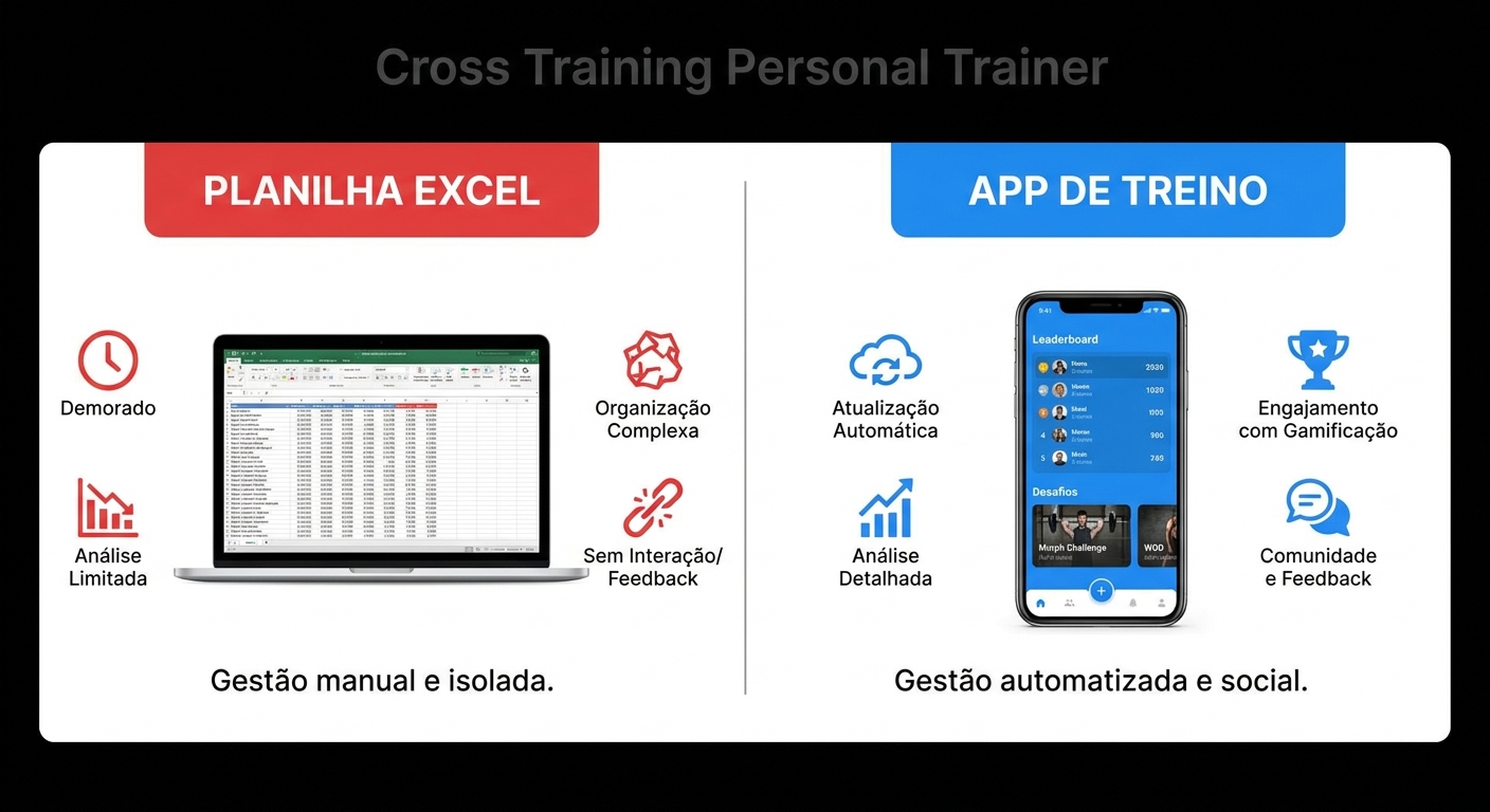 Infográfico comparativo app vs planilha personal trainer cross training