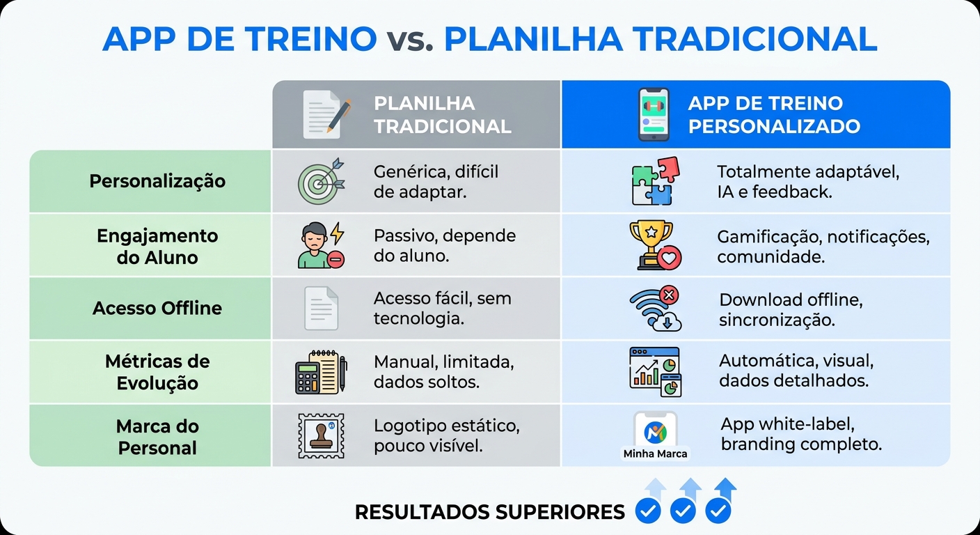 Infográfico comparativo entre app de treino para personal trainer e planilha de treino personal trainer