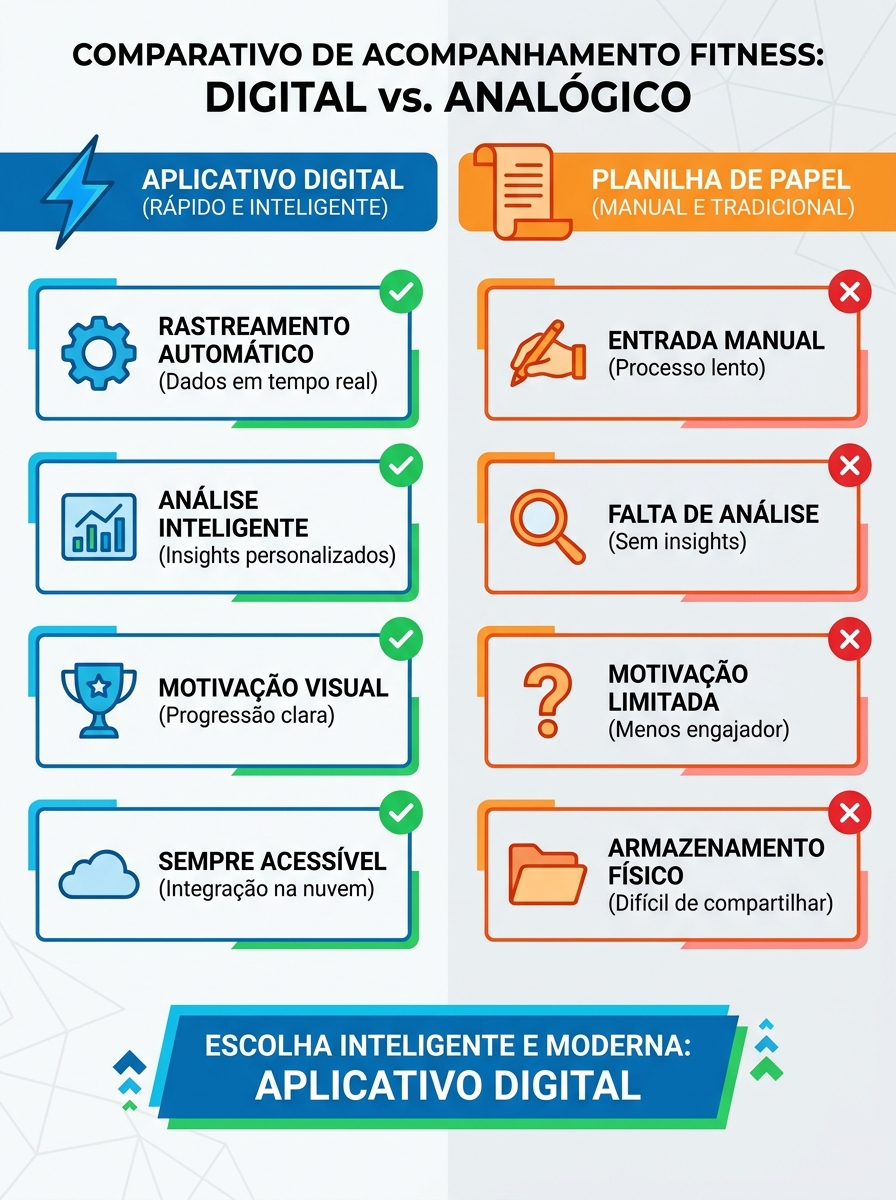 Infográfico comparativo app para personal trainer infantil vs planilha de treino