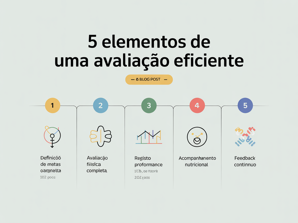 Infográfico mostrando os 5 elementos de uma avaliação de progresso fitness eficiente: Metas Claras, Avaliação Física, Registro de Performance, Acompanhamento Nutricional e Feedback Contínuo.