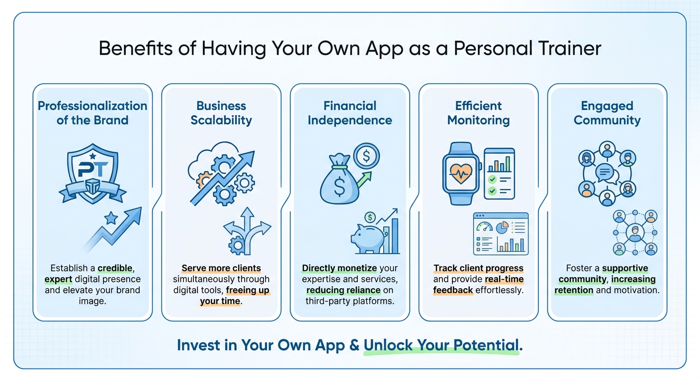 Infográfico ilustrando benefícios de ter personal trainer app próprio para coaches de corrida