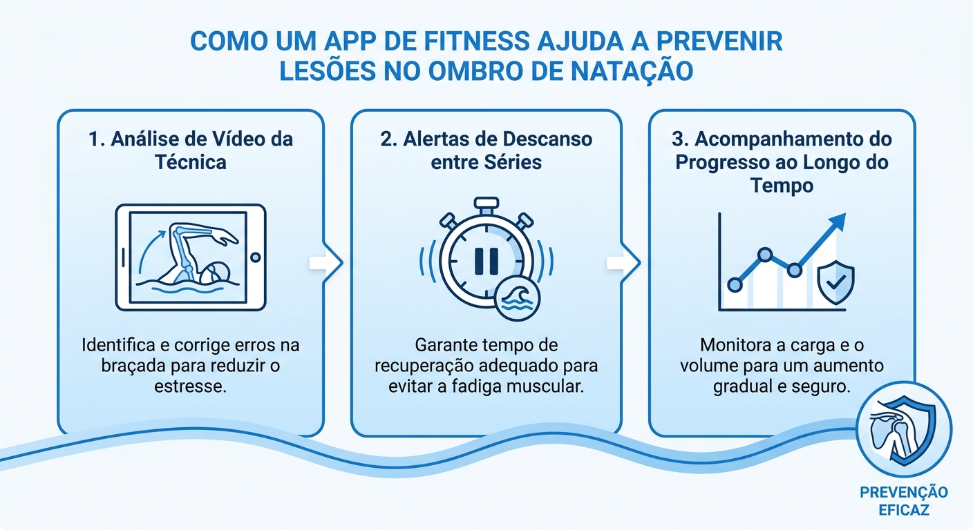 Infográfico com 3 benefícios do app para personal trainer na prevenção de lesões do ombro do nadador