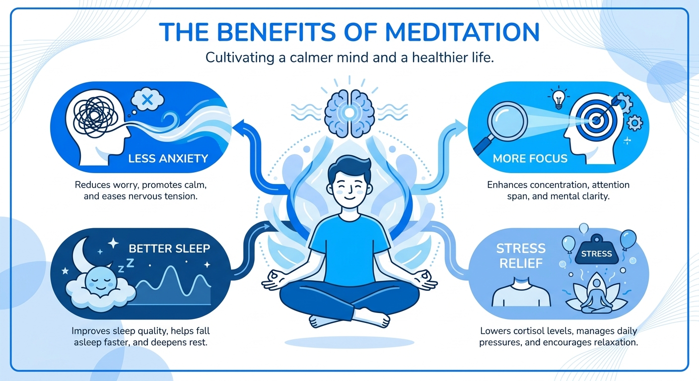 Infográfico com os benefícios da meditação: menos ansiedade, mais foco, melhor sono, redução de estresse e prevenção de burnout