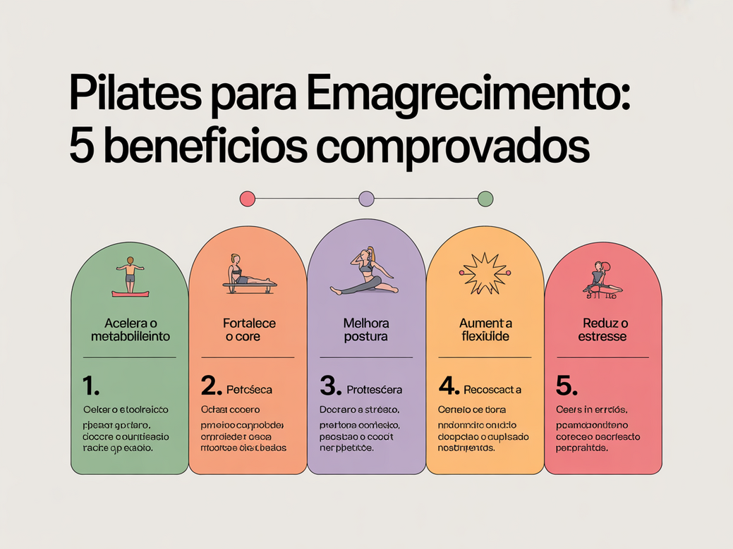 Infográfico mostrando os 5 benefícios do Pilates para o emagrecimento, como aceleração do metabolismo e fortalecimento do core.
