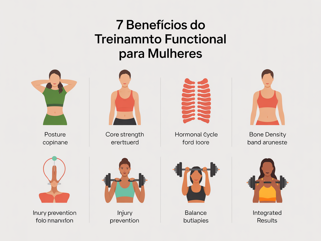 Infográfico com os 7 principais benefícios do treinamento funcional para mulheres.