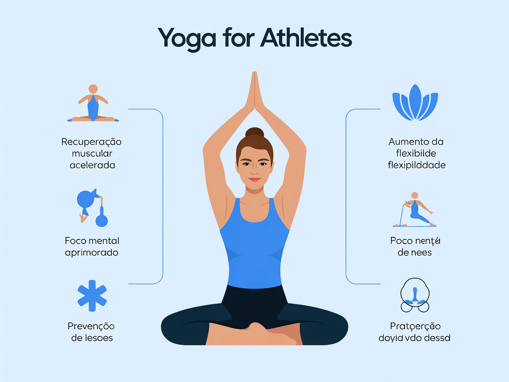 Infográfico com os benefícios do yoga para atletas: Recuperação Muscular, Aumento da Flexibilidade, Foco Mental e Prevenção de Lesões.