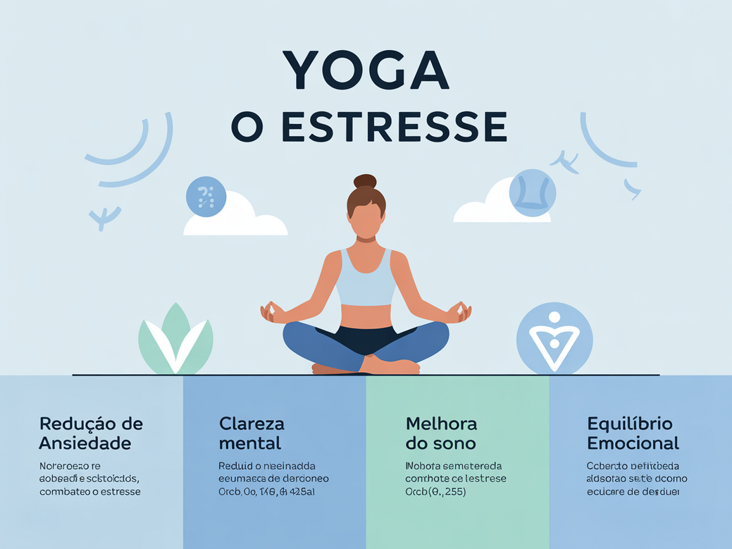 Infográfico com os benefícios do yoga para o estresse: Redução de Ansiedade, Clareza Mental, Melhora do Sono e Equilíbrio Emocional.