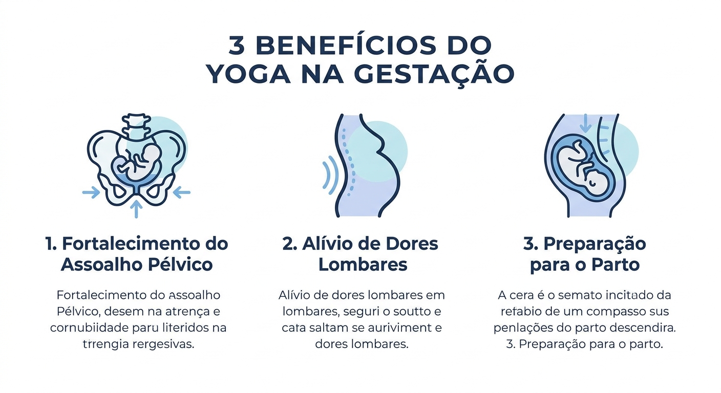 Infográfico com 3 benefícios do yoga na gestação: fortalecimento pélvico, alívio de dores lombares, preparação para o parto