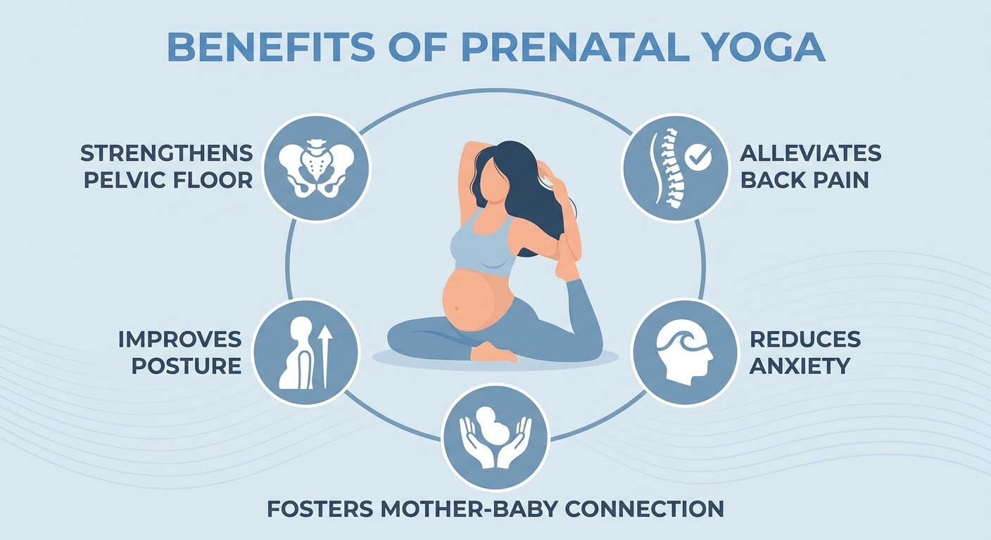 Infográfico com os benefícios do yoga gestacional para o corpo e a mente