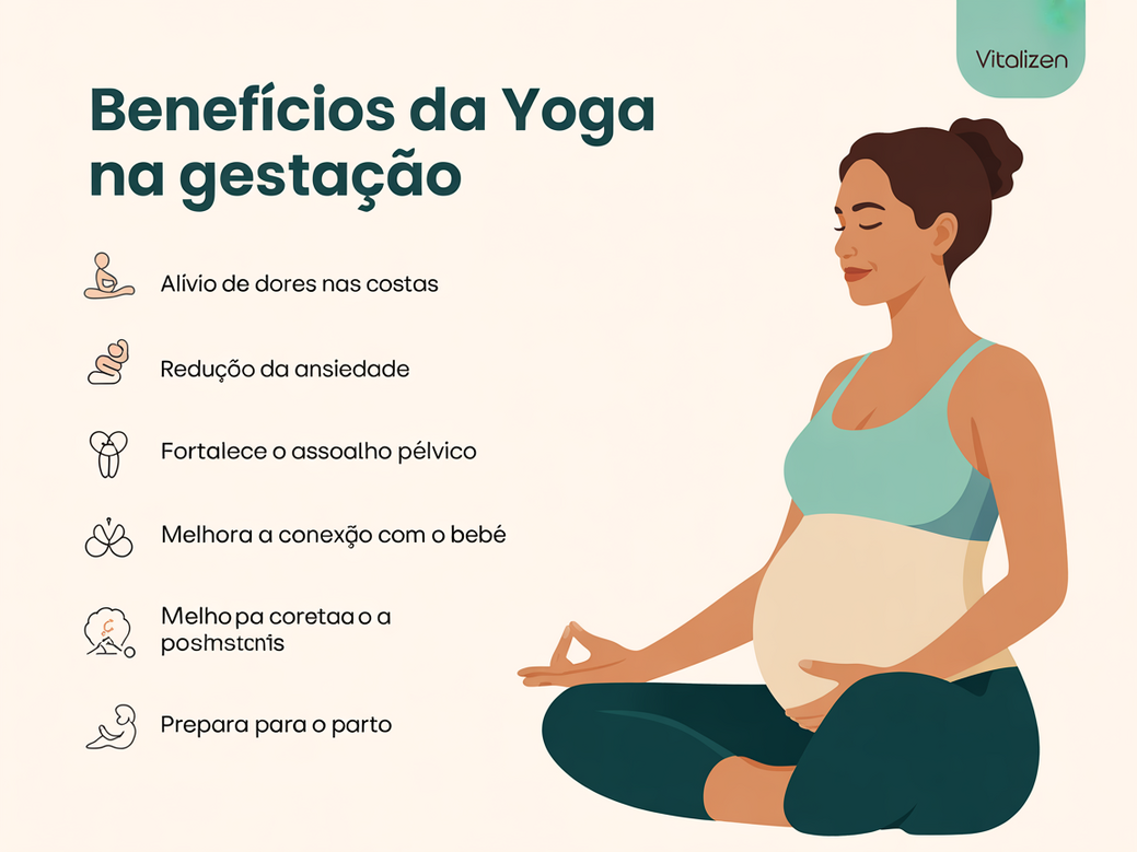Infográfico detalhado com os múltiplos benefícios da yoga na gestação, incluindo alívio de dores, redução da ansiedade e fortalecimento do assoalho pélvico.