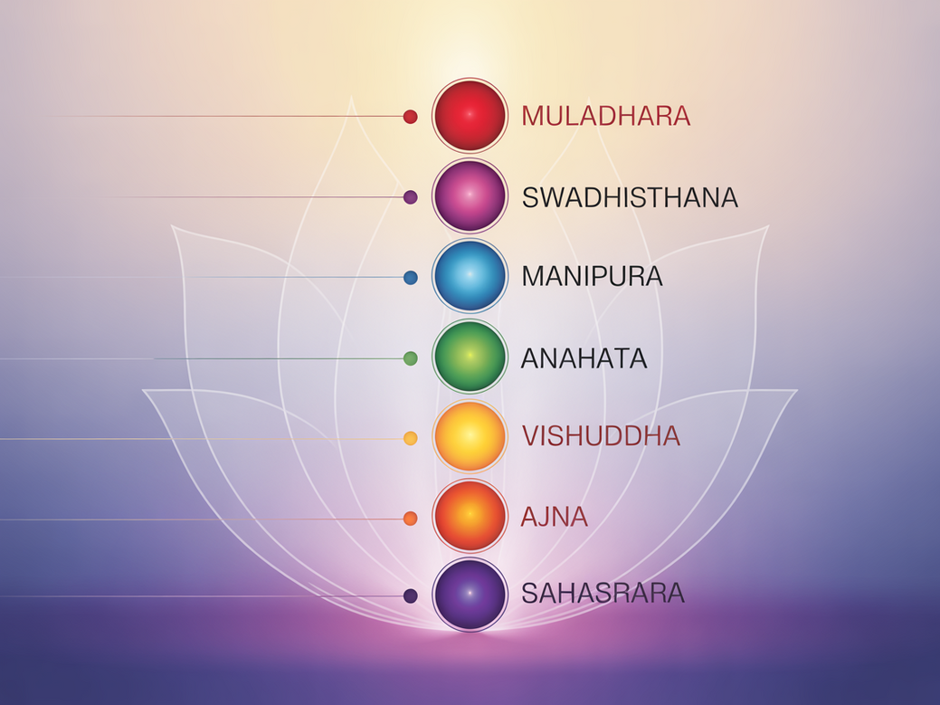 Infográfico dos 7 chakras principais usados na meditação para equilíbrio energético