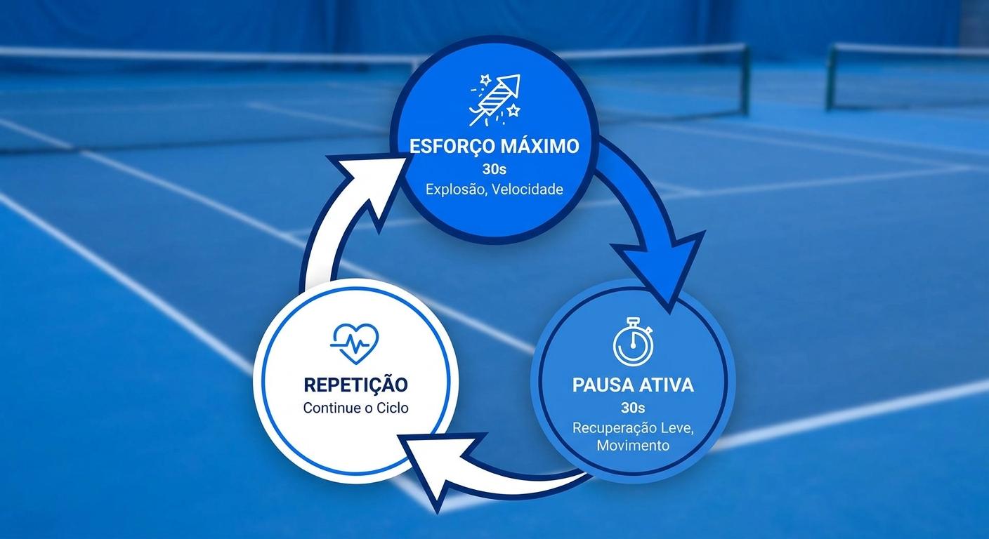 Infográfico explicando o ciclo HIIT com esforço máximo, pausa ativa e repetição em azul Personal Millbody
