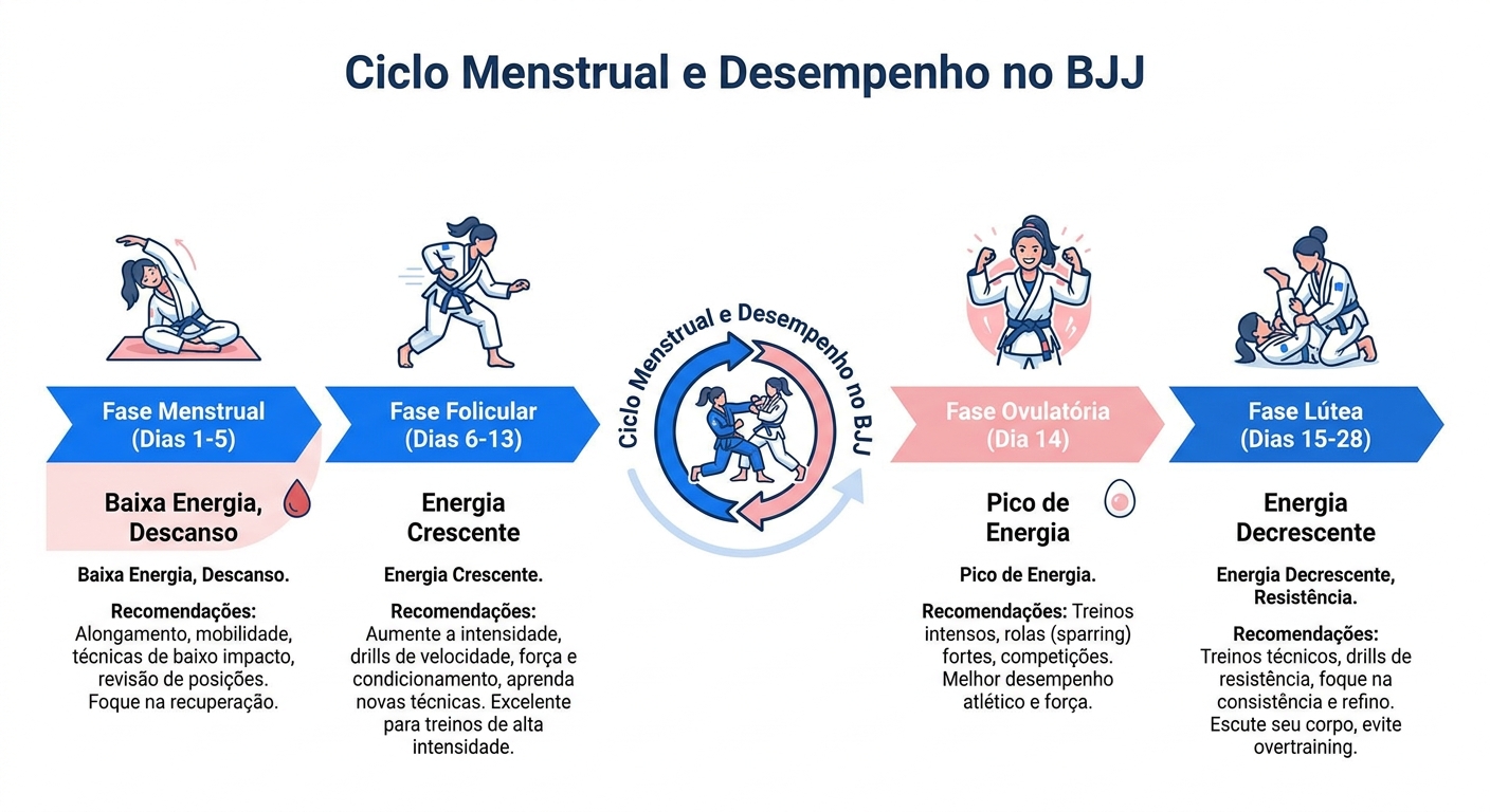 Infográfico: Ciclo menstrual e desempenho no BJJ - 4 fases e recomendações de treino