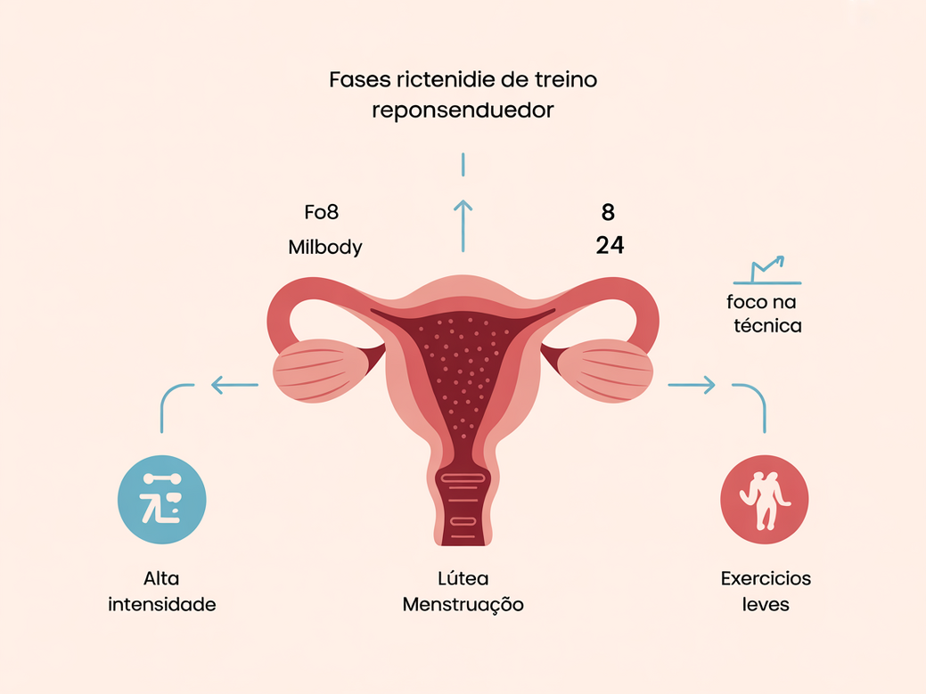 Infográfico detalhado sobre a relação entre as fases do ciclo menstrual e a intensidade do treino de ombro para mulheres.
