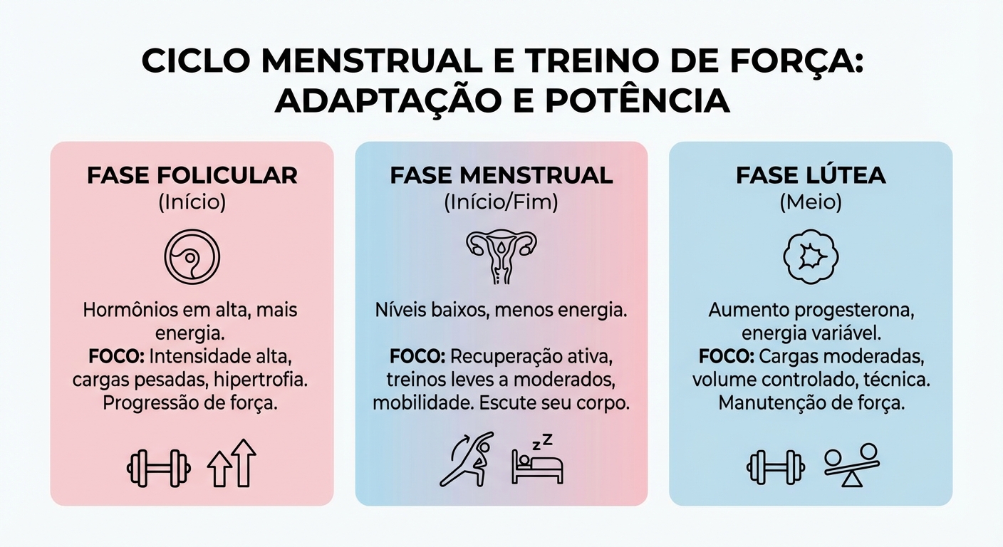 Infográfico sobre adaptação do treino de ombros para mulheres em cada fase do ciclo menstrual
