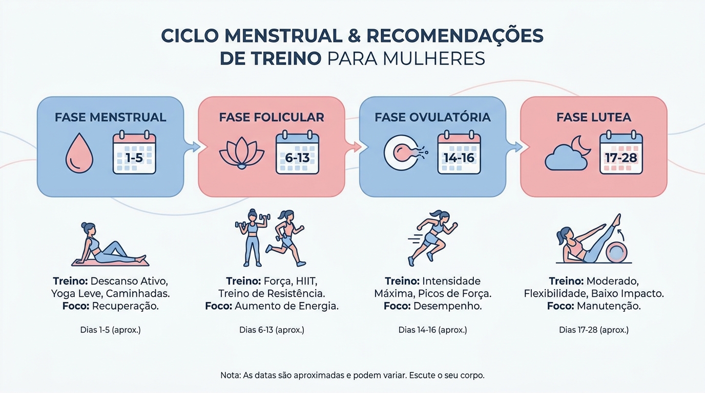 Infográfico do ciclo menstrual e sugestão de treino por fase para personal trainer mulher
