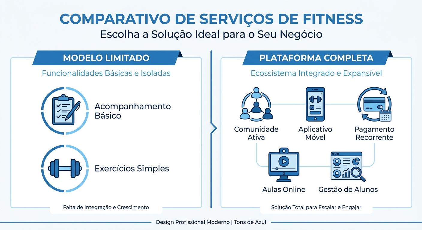 Infográfico comparativo sistema de prescrição vs plataforma completa Millbody para personal trainer de boxe