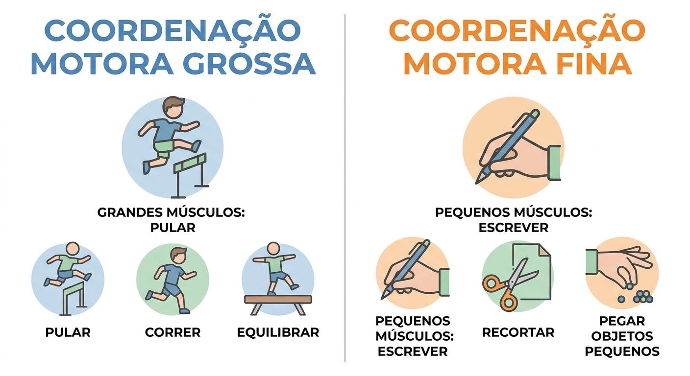 Infográfico comparativo coordenação motora grossa vs fina para atividades com autismo