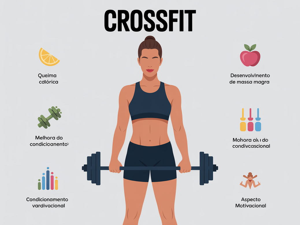 Infográfico com os principais benefícios do CrossFit para emagrecimento, destacando a queima calórica acelerada e o ganho de massa muscular.