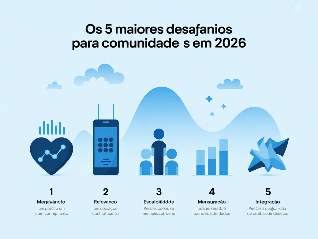 Infográfico com os 5 maiores desafios para o engajamento de comunidade em 2026: Engajamento, Relevância, Escalabilidade, Mensuração de ROI e Integração estratégica.