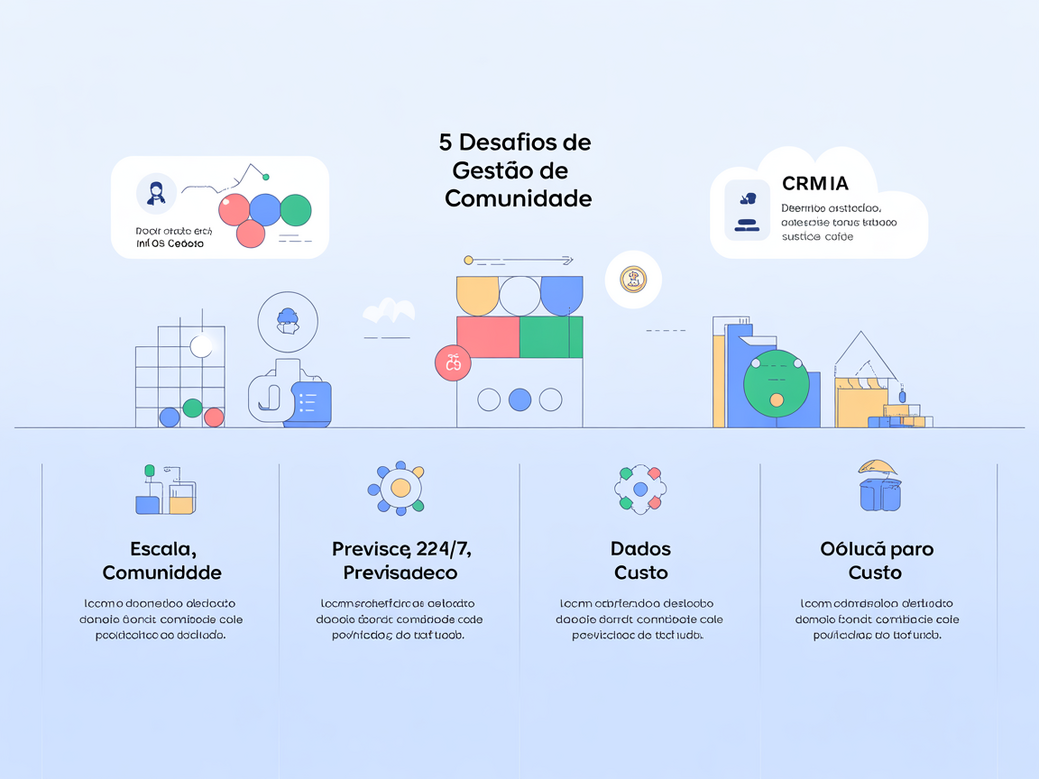 Infográfico mostrando os desafios para comunidade e como um CRM com IA oferece soluções