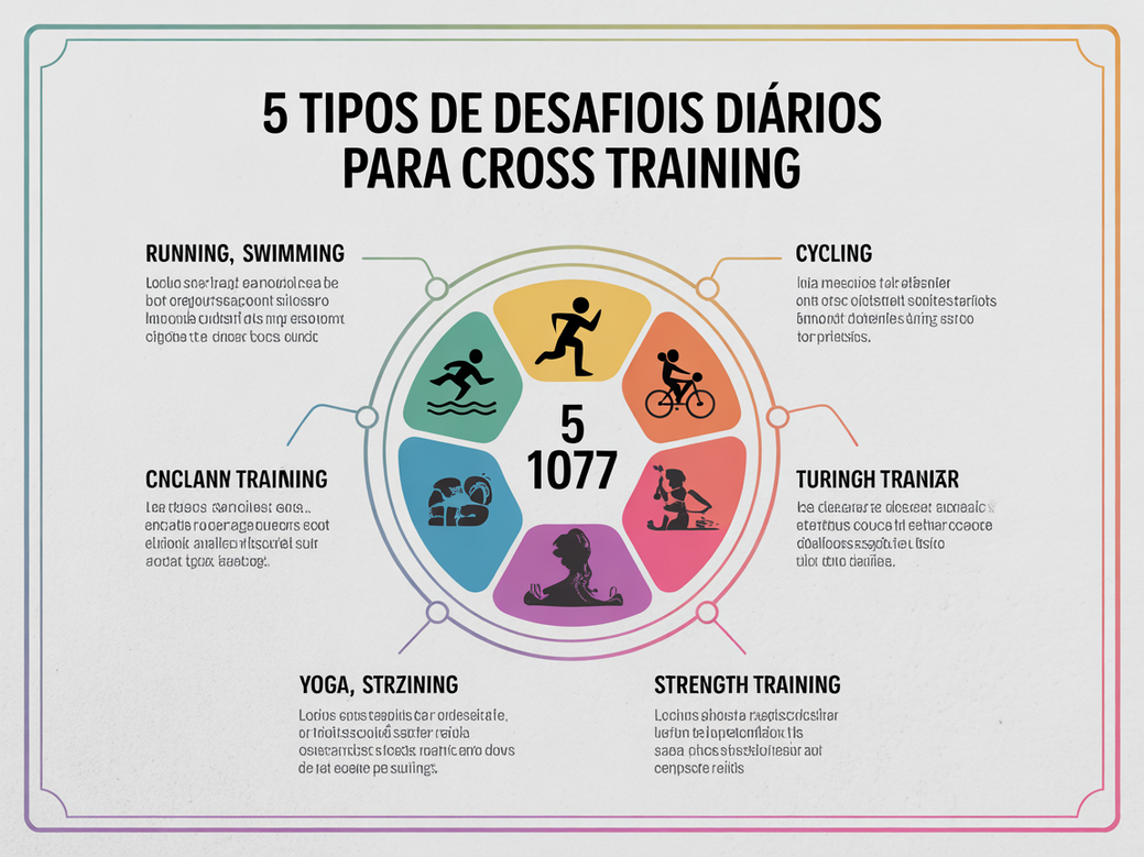 Infográfico com 5 Tipos de Desafios Diários para Cross Training, mostrando exemplos de força, resistência e habilidade.
