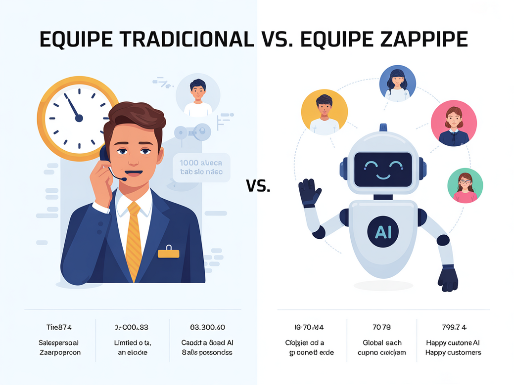 Infográfico comparando a equipe de vendas tradicional com a equipe Zappipe, que usa estratégias de CRM com IA
