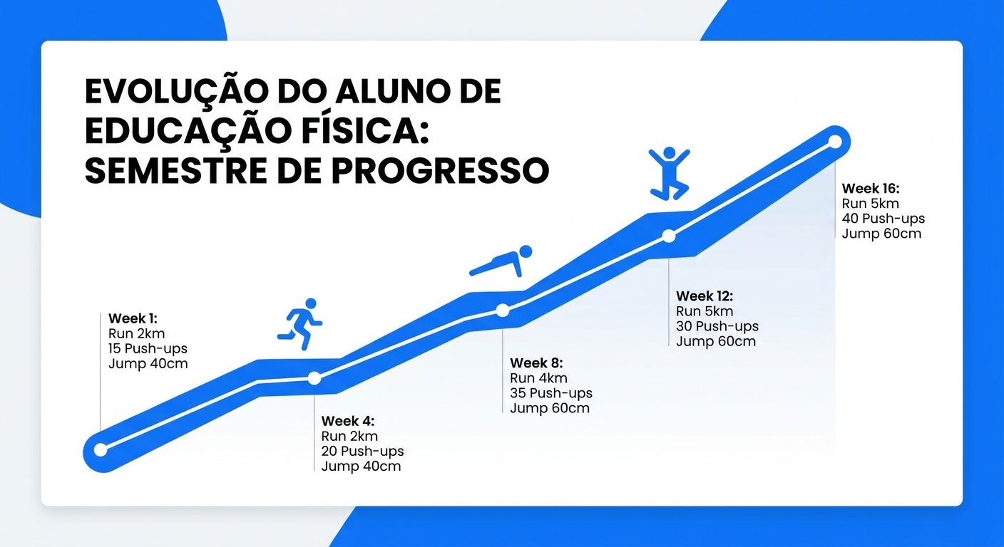 Infográfico mostrando evolução de aluno ao longo do semestre na Educação Física