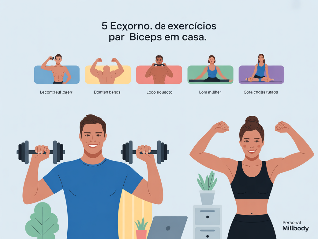 Infográfico com sequência de 5 exercícios para aumentar o bíceps em casa.