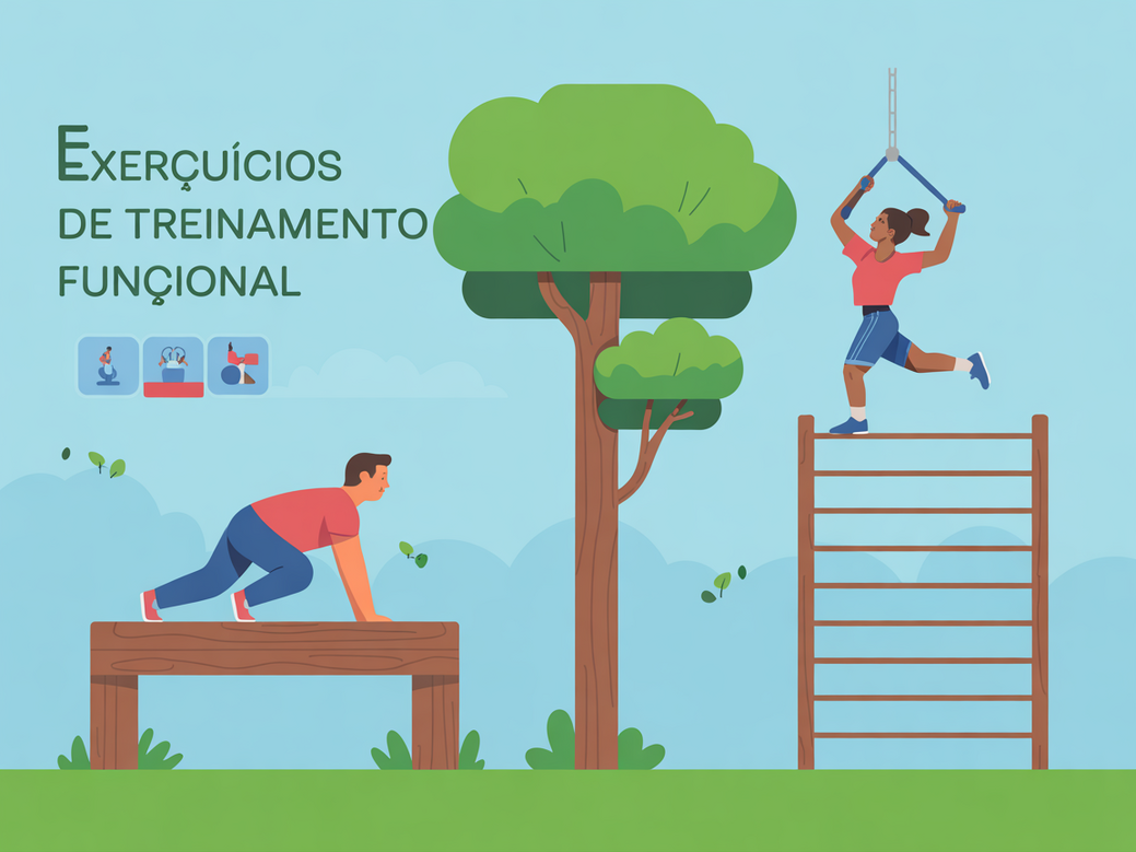 Infográfico com exemplos de exercícios para treinamento funcional ao ar livre, como agachamento e flexão.