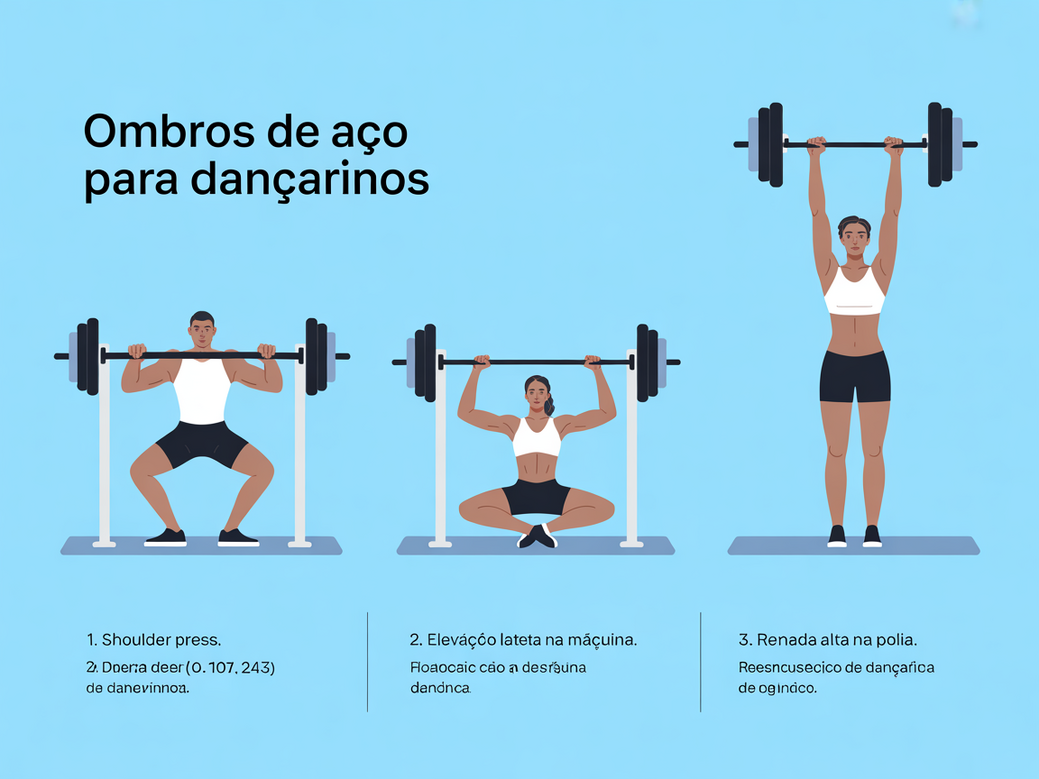 Infográfico com os três melhores exercícios em máquina para ombro para professores de dança: shoulder press, elevação lateral e remada alta.