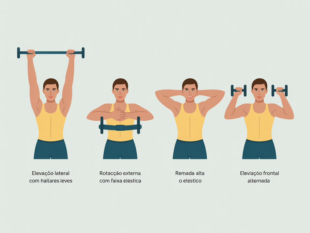 Infográfico com 4 exercícios para fortalecimento de ombro em casa pós-covid, incluindo pêndulo e rotação externa.