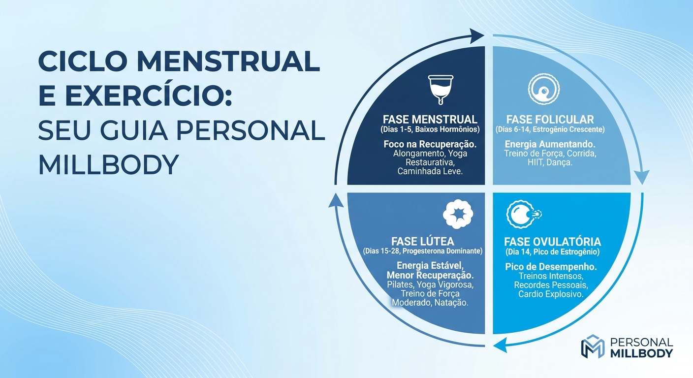 Infográfico sobre fases hormonais e exercícios recomendados para treino feminino personalizado