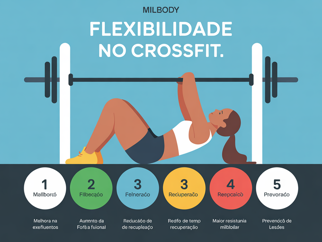 Infográfico com 5 benefícios da flexibilidade no CrossFit, como prevenção de lesões e melhora da técnica.