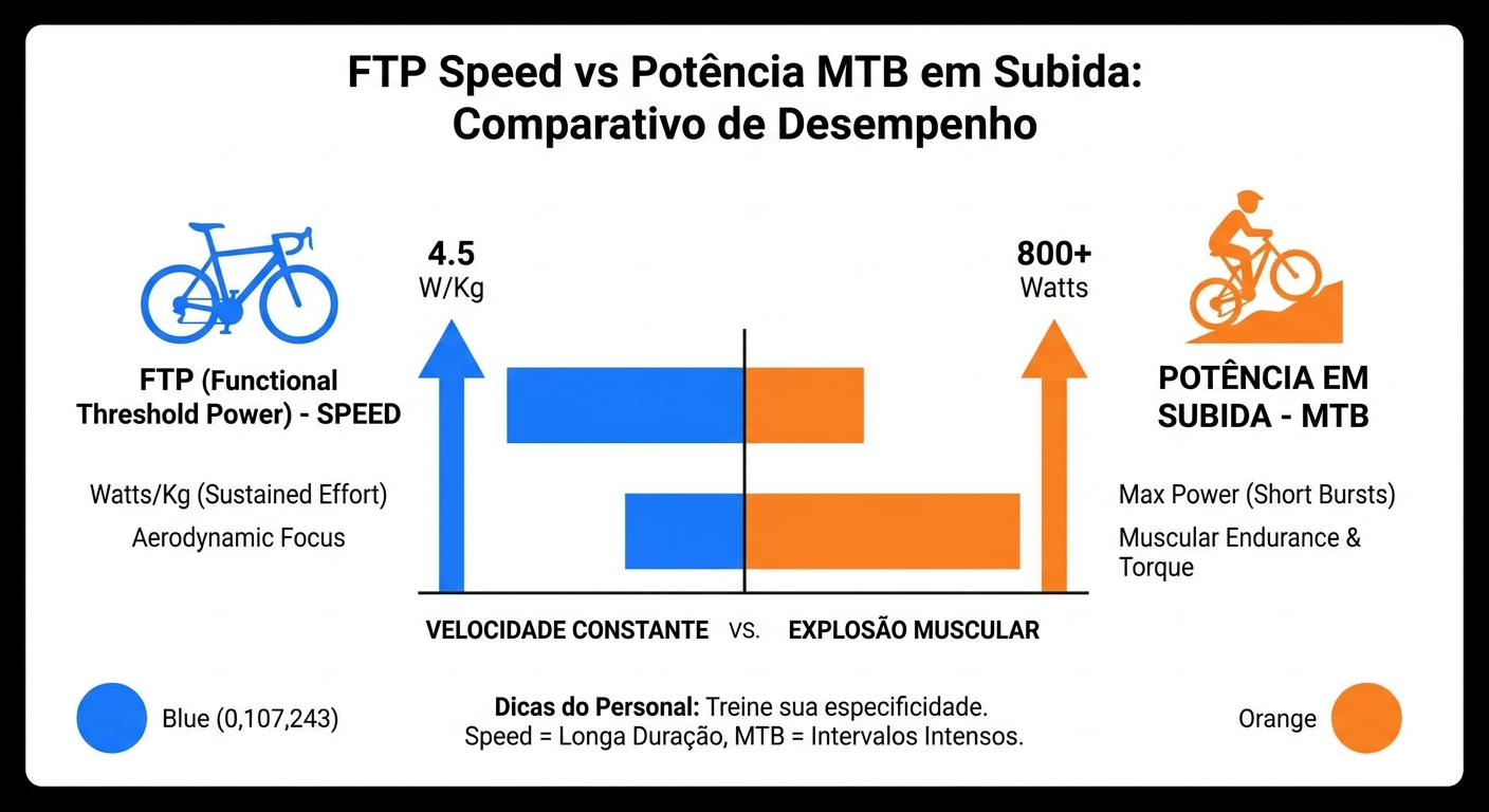 Infográfico comparando FTP no Speed e potência em subida na Mountain Bike com dicas de fortalecimento gradual no ciclismo